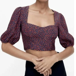 Zara Floral puff Sleeve Crop Top Sz XS